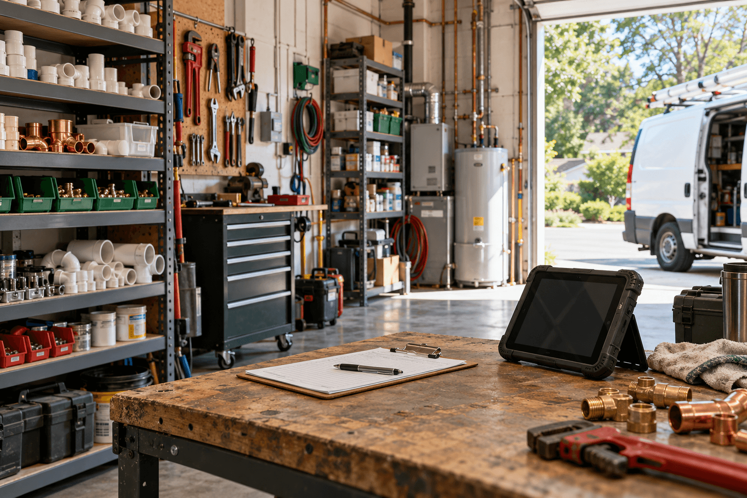 Illustrative home-service workshop with tools and service equipment